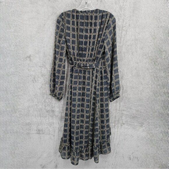 dRA Los Angeles Cicero Wrap Dress S Blue Brown Ruffled Lined Long Sleeve Retro - Picture 12 of 15